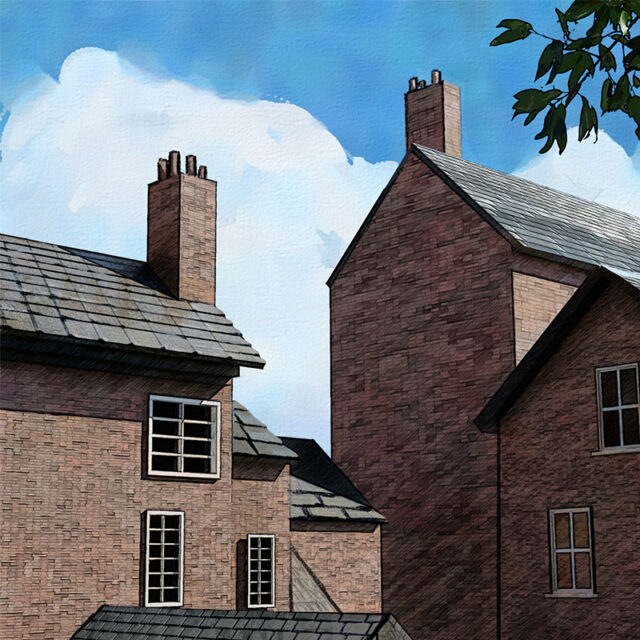 Sketch of an older brick house with chimneys