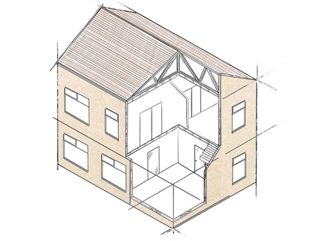 Cutaway sketch of a non-traditional house structure